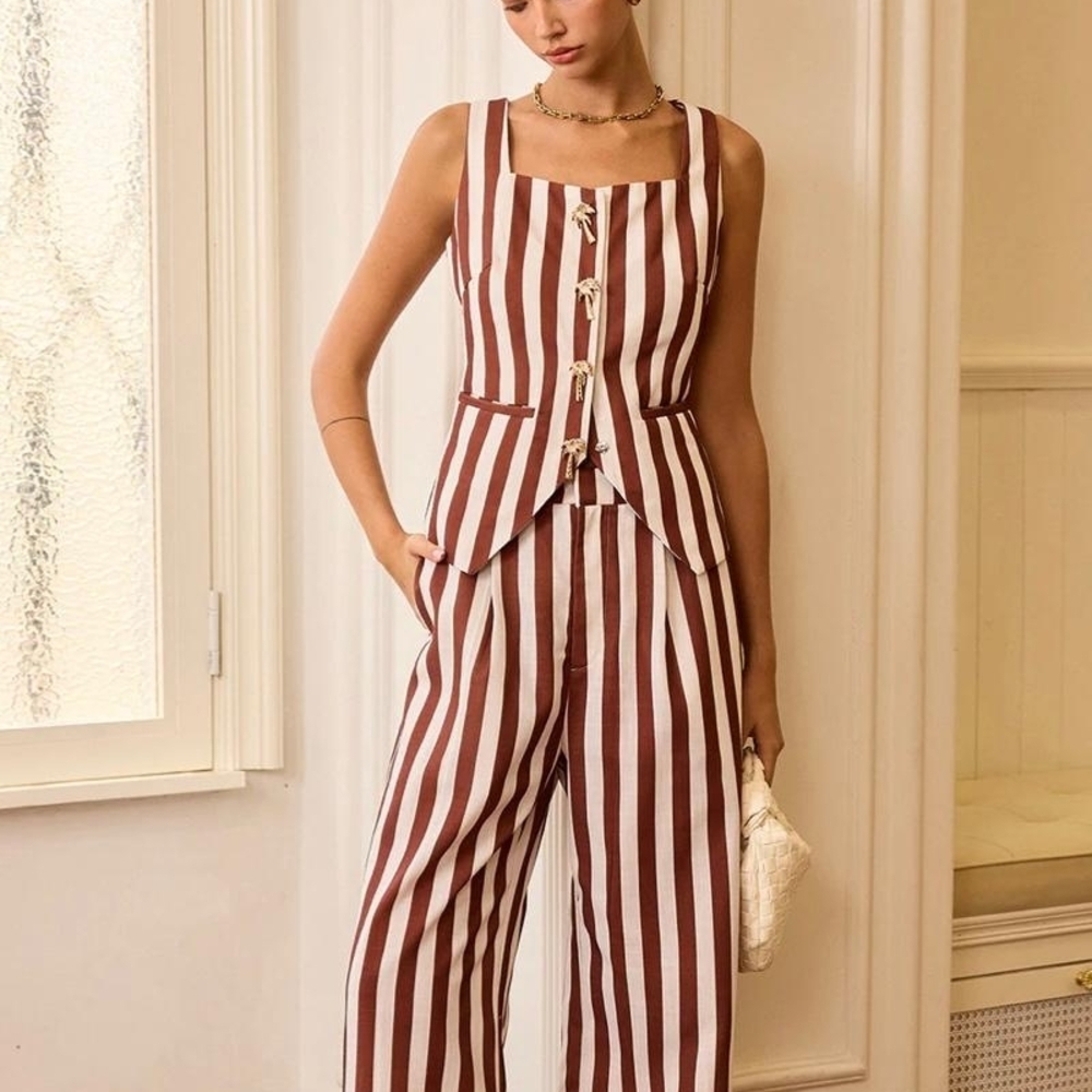 Commense Striped Brown and White Summer Sleeveless Top